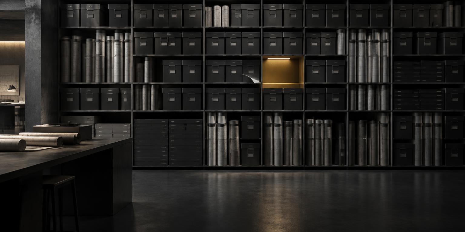 Architectural archive with one illuminated empty file space